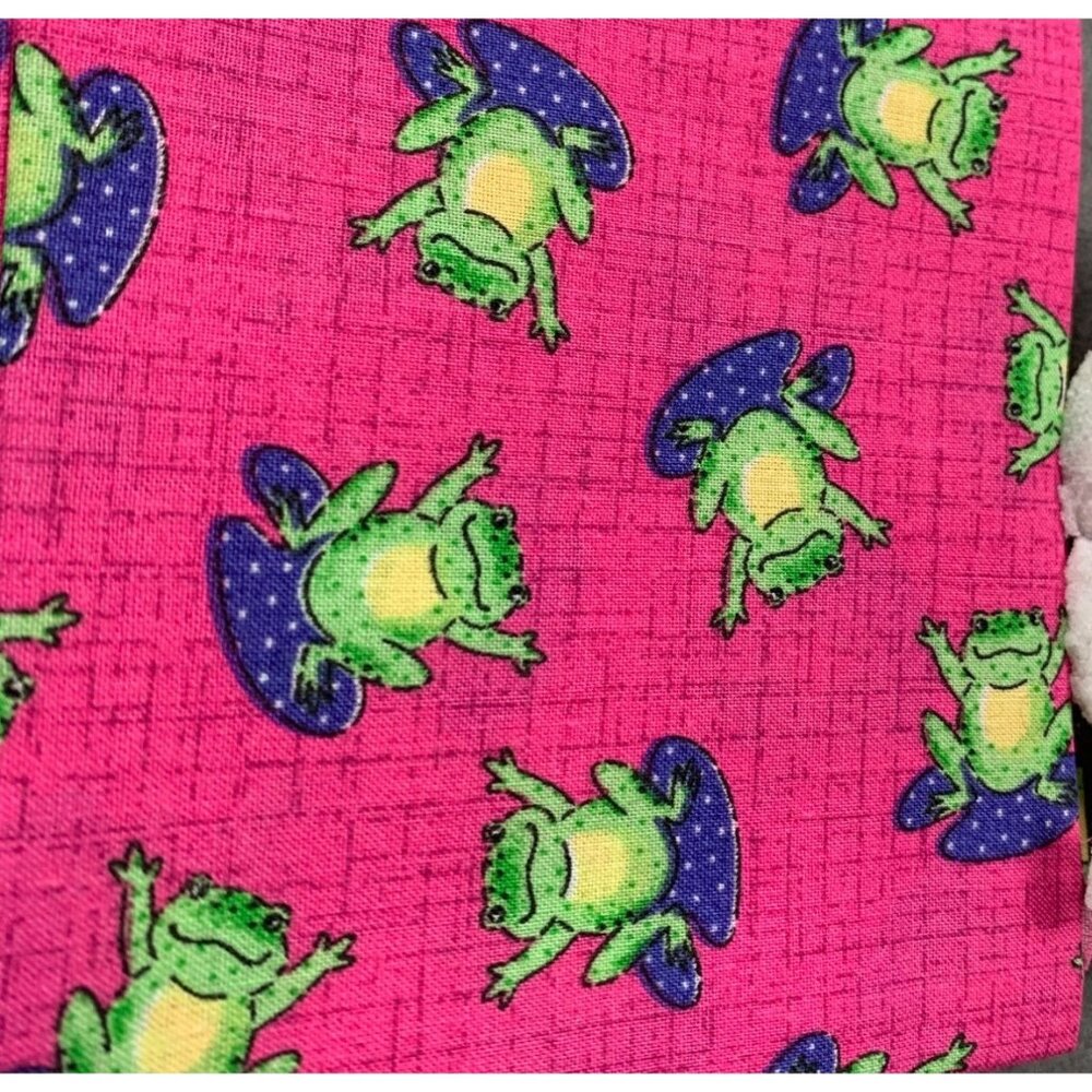 Pink Cotton Fabric 18x22 Green Frogs On Blue Mushrooms